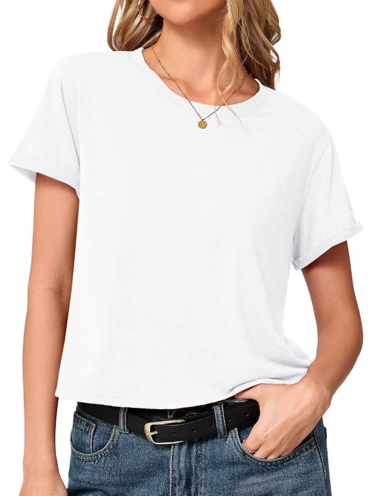 Women's White Summer Short Sleeve Crewneck Crop Casual And Flowy Style T Shirt